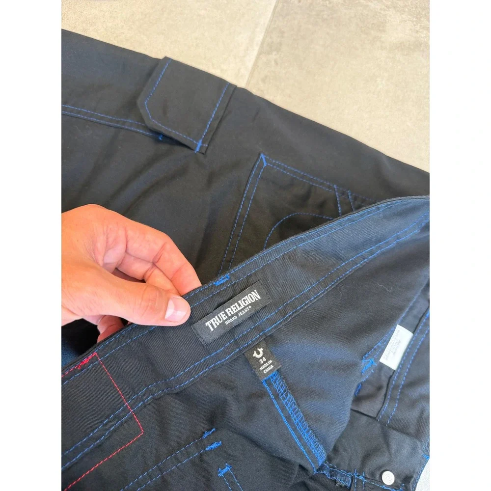 NWT True Religion Mens Black Pacific Blue Contrast Stitch Cargo Pants 108335 34